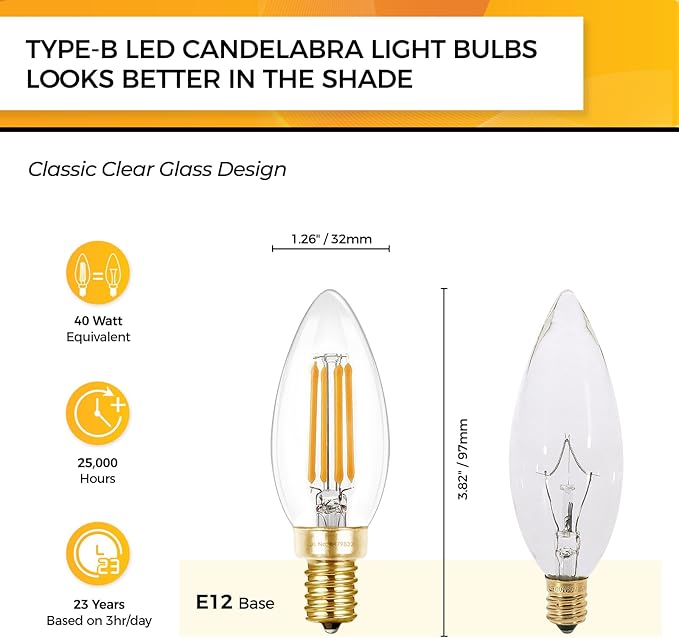 Hizashi E12 Candelabra LED Light Bulb 40 Watt 90+CRI Chandelier Light Bulbs Dimmable, B10 LED Candelabra Bulbs, 4W, 450LM 2700K Soft White, Candle Light Bulbs, UL Listed, 12 Pack