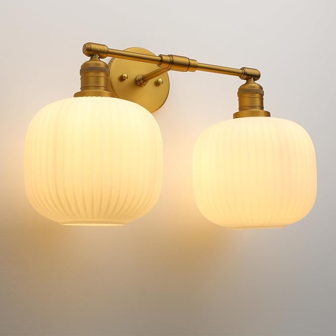 Pathson 2 Lights Milk White Globe Wall Sconce, Hardwired Antique Double Sconce for Living Room Home Decor, Striped Glass Bathroom Vanity Light, E26 Bulb Base