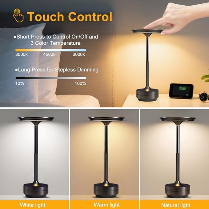 Rechargeable Cordless Table Lamps, Portable 5000mAh Outdoor Table Light, 3 Color Stepless Dimming LED BedsideTable Lamp with Memory Function, Battery Lamp For Kitchen/Dinner/Patio/Restaurant(Black)