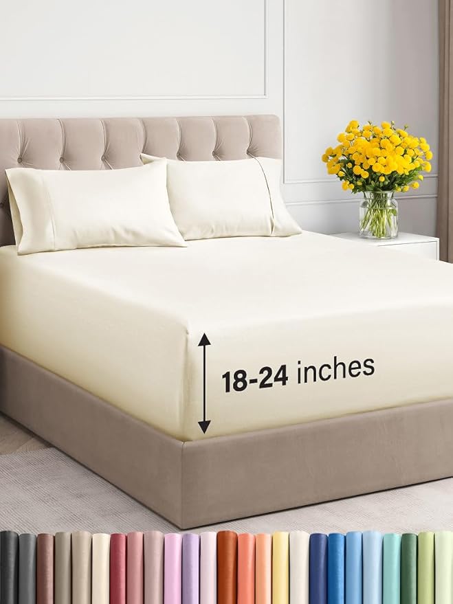 Extra Deep Twin Sheet Set - 4 Piece Breathable & Cooling Sheets - Hotel Luxury Bed Sheets Set - Easy & Secure Fit - Soft, Wrinkle Free & Comfy Sheets Set - Off White Sheet Set with Extra Deep Pockets
