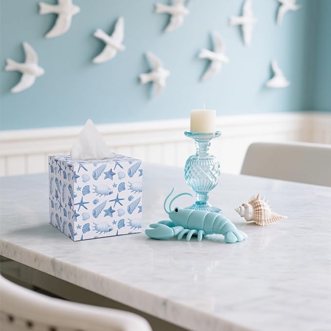 SOMTO Acrylic Square Tissue Box Cover,Beach White Starfish Seashell Coastal Decorative Tissue Holder Dispenser Bathrooms, Desks, Countertops, Vanities, Bedrooms, and Nightstands Decor