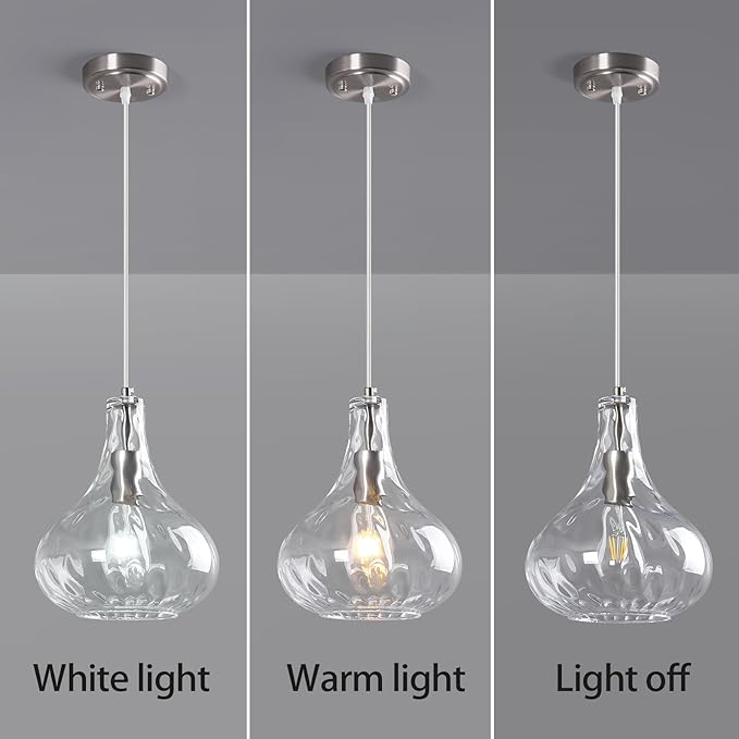 Modern Glass Pendant Light 9.44 in Clear Hammered Glass Shade Brushed Nickel Farmhouse Island Pendant Lights for Kitchen Pendant Lighting Over Sink Bedroom Dining Room