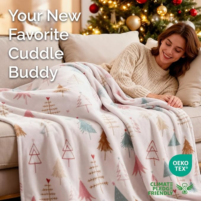 Ultra Soft Fleece Blanket Throw Size - Christmas Flannel Fleece Luxury Throw Blanket - Lightweight Throw for Couch, Bed, Chair - Warm & Breathable - Cozy Microplush Bedding - Christmas Trees, Pink