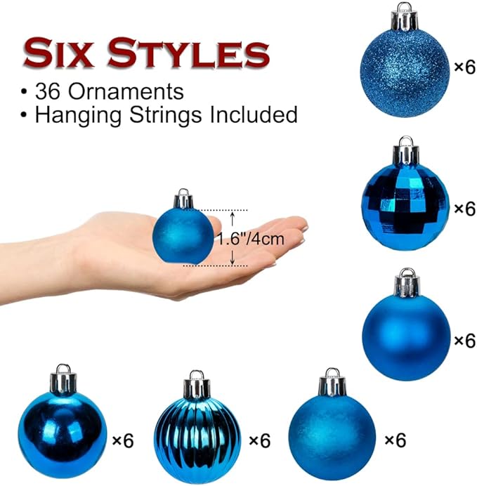 1.57" Blue Christmas Ornaments for Christmas Tree 36 Pcs Mini Shatterproof Balls Christmas Tree Decorations Small Xmas Ornaments Balls with Hanging Loop for Wedding Holiday Party Wreath Home Decor