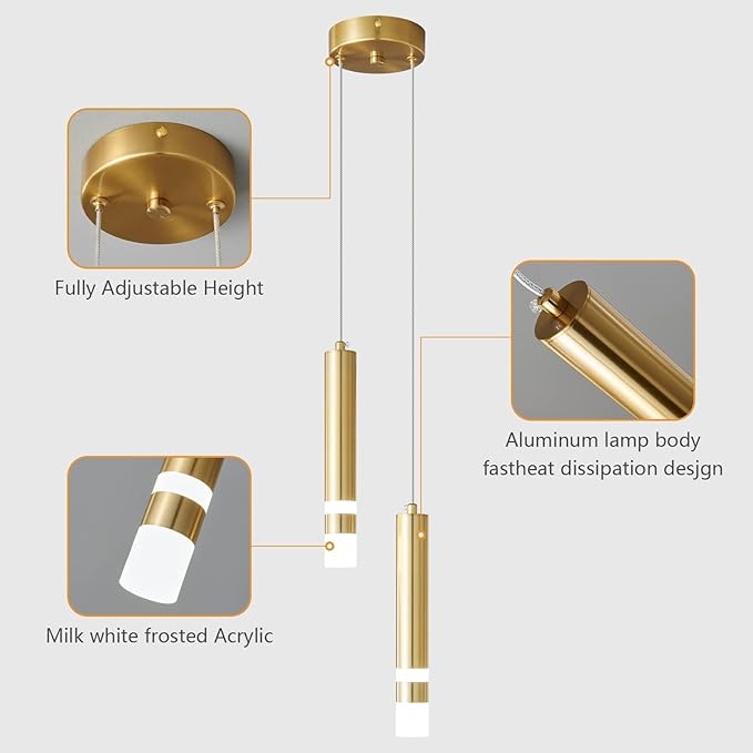 Modern Pendant Light Kitchen Fixture Dimmable LED Gold Mini Pendant Lighting fo Kitchen Island Bedroom Bedside Table Small Pendant Lights (2-Light)
