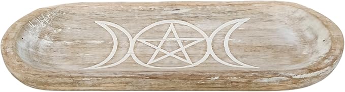 VANIYA CRAFTS® Wooden Handmade Star & Moon Design Boat Shape Incense Holder Stand Insence Tray for Sticks Home Decor Restaurant (11X4,Antique White)