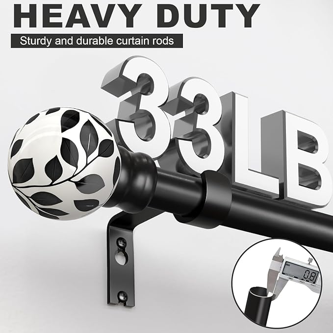 Ceramic Black Curtain Rods for Windows 28 to 48 Inches Adjustable Length Heavy Duty 1" Diameter Window Curtain Rod with Modern Leaf Pattern Decorative Finials for Bedroom Kitchen Living Room