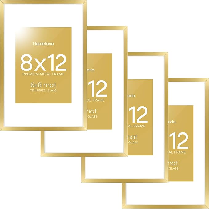 Homeforia 8x12 Picture Frame Gold, High End Metal 8 x 12 Poster Frames with Mat 6 by 8 for Photo, 12x8 Frame Matted to 6x8 inch Print, 8by12 Wall or Tabletop Frames, Tempered Glass, Wall Kit, Set of 4