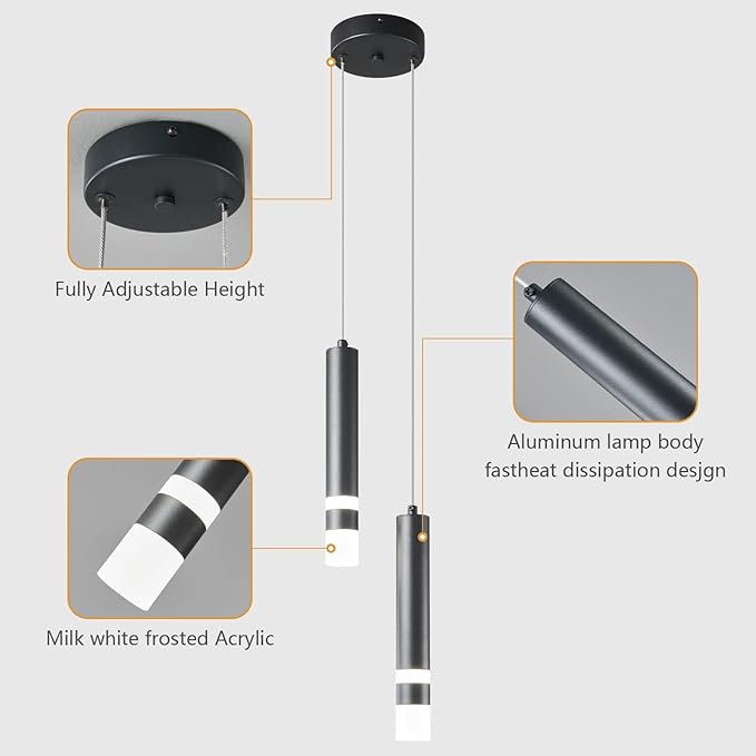 Modern Pendant Light Kitchen Fixture Dimmable LED Black Mini Pendant Lighting fo Kitchen Island Bedroom Bedside Table Small Pendant Lights (2-Light)