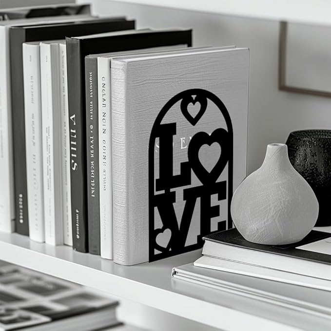 Peacoblue Metal Bookends for Shelves, Modern Decorative Heavy Duty Study Book Support Stoppers for Office, Desk, Shelf, Room 5.3"x4.3"x7.9" Cast Iron Simple Tall Bookends, 1 Pair (Love Heart)