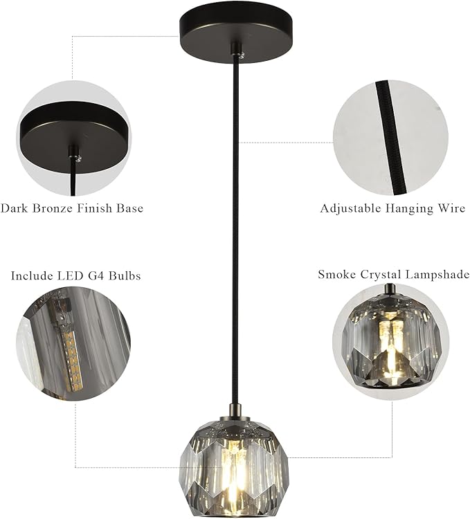 Small Crystal Hanging Lights, Modern Black 1 Light Pendant Light Fixture, Small Raindrop Farmhouse Chandelier for Bedroom Dining Room Kitchen Island Entryway