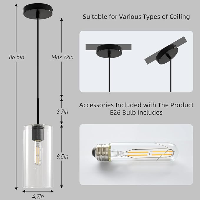 Modern Black Glass Pendant Light: Seeded Clear Glass Pendant Light over Kitchen Island - Minimalist Brass Hanging Lights with Short Tube - Height Adjustable Pendants Lighting Fixture for Dining Room
