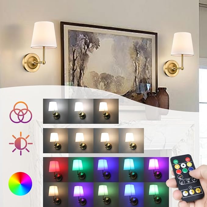 Battery Operated Table Lamp Wall Sconce Set of 2, Gold 2-in-1 Rechargeable Desk Lamp Wall Lights with Magnetic Dimmable LED Bulbs and Remote, Small Wireless Night Lamps for Bedroom Living Room