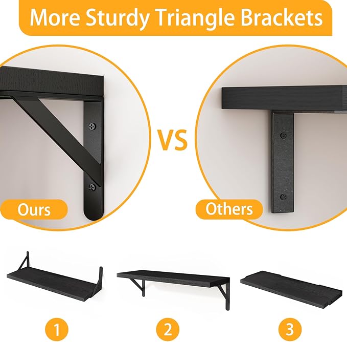 Fixwal Floating Shelves for Wall, Wood Wall Mounted Shelves for Bedroom, Bathroom, Living Room, Kitchen Storage and Decor(Black, Set of 4, 16.5 Inch)