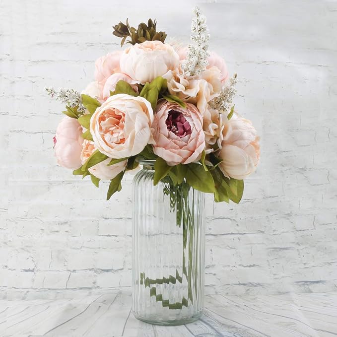 Flojery Silk Peony Bouquet Vintage Artificial Peonies Flower for Home Wedding Party Decor (1pcs, Light Pink)