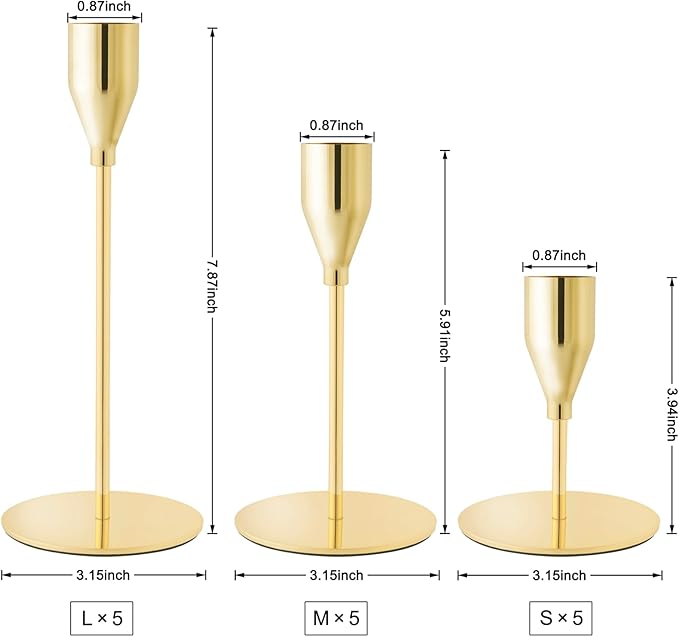Gold Taper Candle Holders for Wedding Table Centerpiece,Tall Taper Candlestick Holders Bulk Set of 15,Metal Candle Stick Holder for Table or Mantel Centerpiece,Dinning,Festival,Party Home Decor