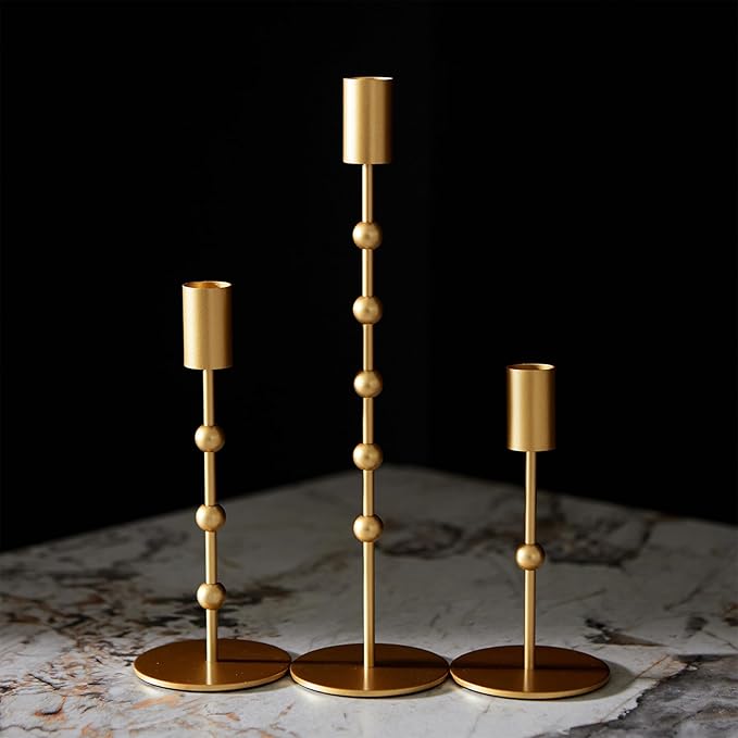 DN DECONATION Gold Candle Holders, Vintage Metal Beaded Taper Candlestick Holders Set of 3 for Wedding, Home Decor, Pillar Candle Sticks Holder Fall Decor for Halloween Table Centerpieces