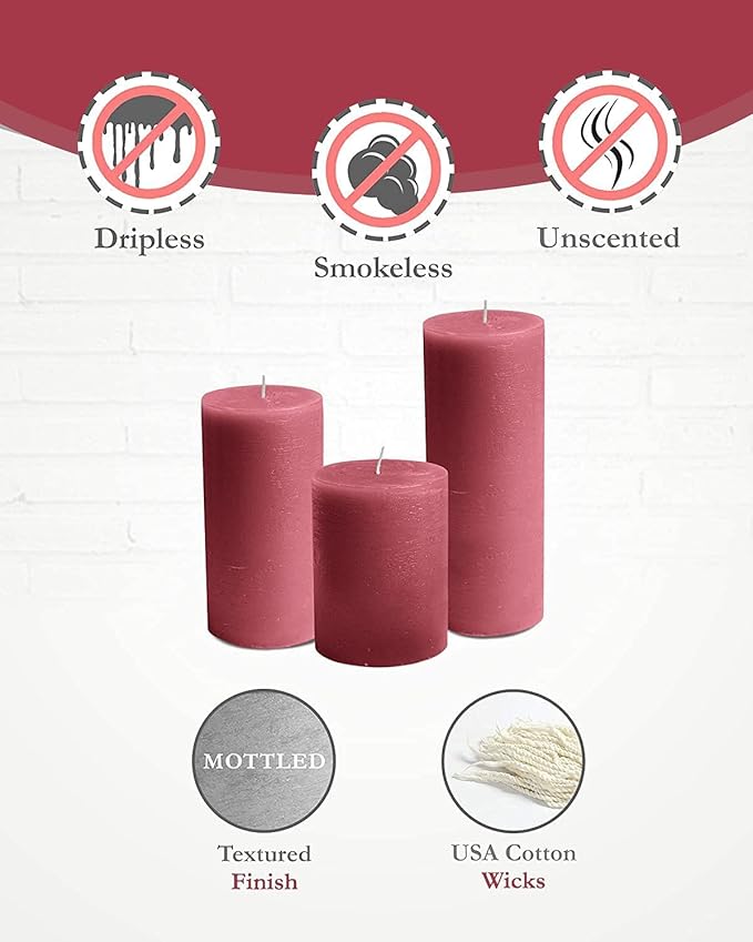 BASK Mottled Pillar Candles - Unscented Burgundy Candles Set of 3 - Dripless, Smokeless for All Occasions