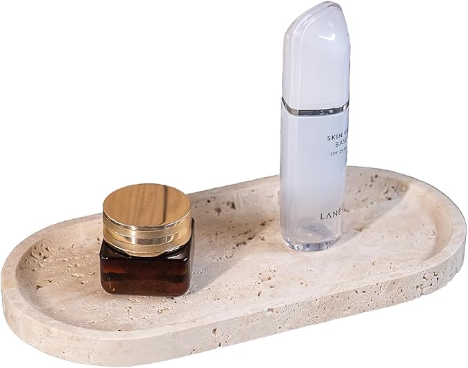 Beige Travertine Vanity Tray | Natural Stone Bathroom Organizer | Perfume & Jewelry Storage for Spa, Bedroom, Kitchen | Non-Slip Waterproof Design,9.8"x4.7"x0.6"