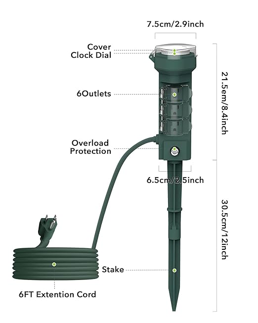 HBN 24 Hour Mechanical Outdoor Tmer for Lights Waterproof,6 Outlets Power Yard Stake for Halloween/Christmas Decorations,Outside Power Strip for Yard Garden,6 ft Extension Cord,1875W/15A