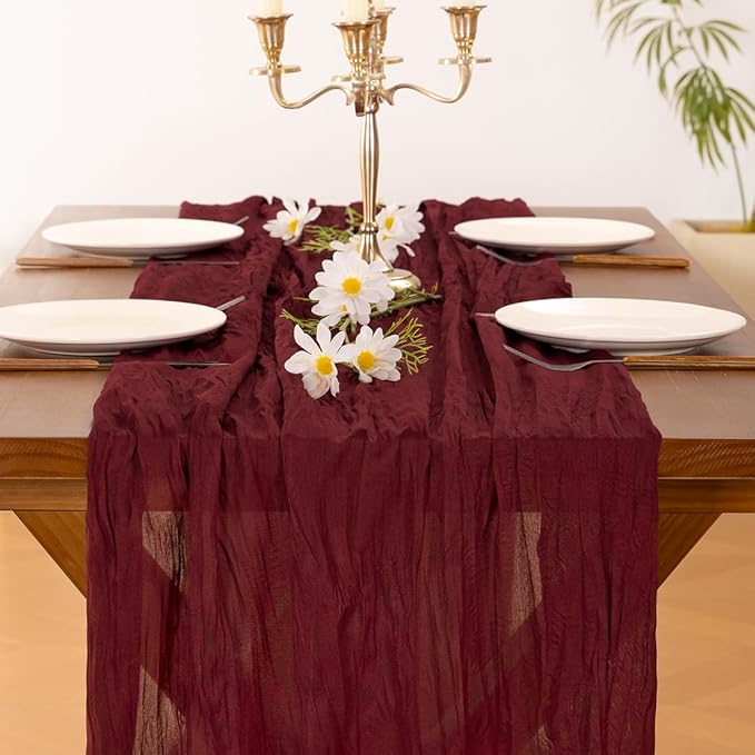 Socomi 10pcs Burgundy Red Valentine's Day Cheesecloth Table Runner Boho Rustic Gauze 120 inch 10FT Cheese Cloth Runner for Wedding Party Baby Shower Birthday Home Decor Holiday Decorations