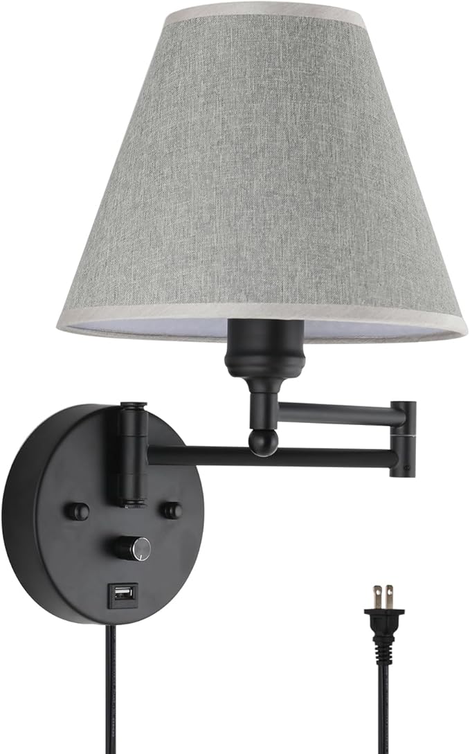 Swing Arm Wall Lamp.Wall Mount lamp with Dimmable Switch.Plug in Wall Sconces with USB Charging Port. Black Sconces Wall Lighting Suitable for Bedroom,Living Room.