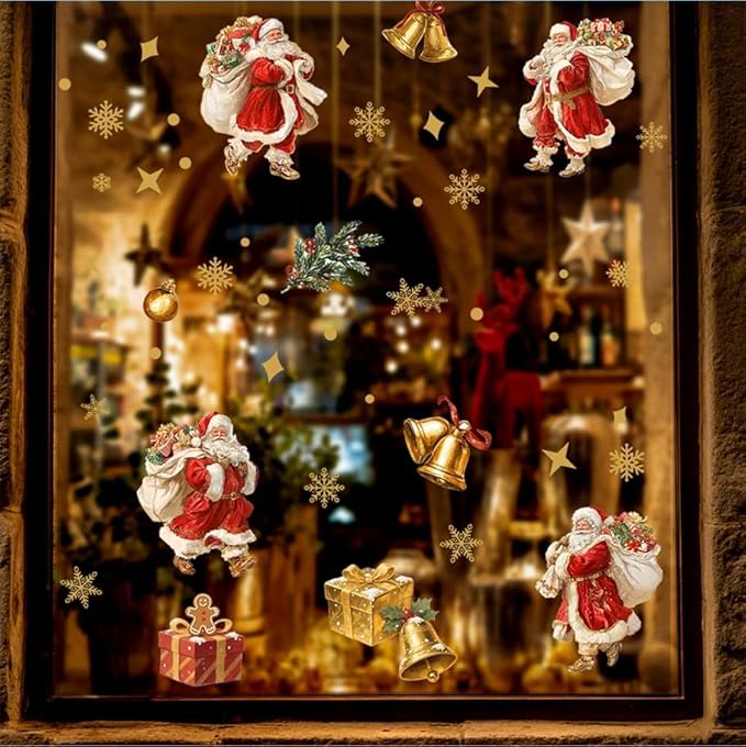 Vintage Santa Claus Christmas Wall Decals | Peel and Stick Retro Holiday Decorations – Removable Gold Snowflake & Gift Vinyl Stickers for Walls, Windows, Office, and Seasonal Décor
