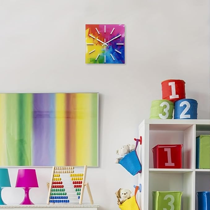 Square Glass Wall Clock Silent Analog Wall Clocks Battery Operated 12 Inch Colorful Wall Clock for Bedroom Living Room Office Classroom