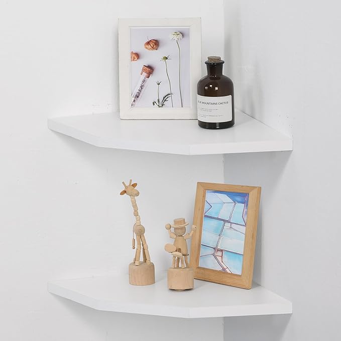 Joiishom Wood Corner Wall Shelves Set of 2, Solid Wood Corner Floating Shelves, Round End Wall Mounted Floating Corner Shelf for Bedroom, Living Room and Kitchen. (White-12 inch)