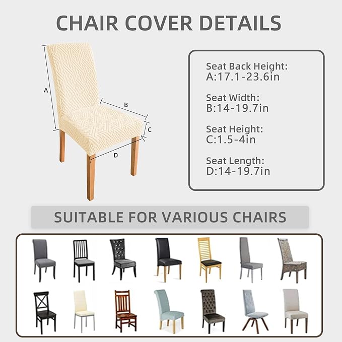 Cream White Chair Covers, Set of 6, Classic Style, Breathable, Machine Washable, For Kitchen, Hotel, Family Dining Room