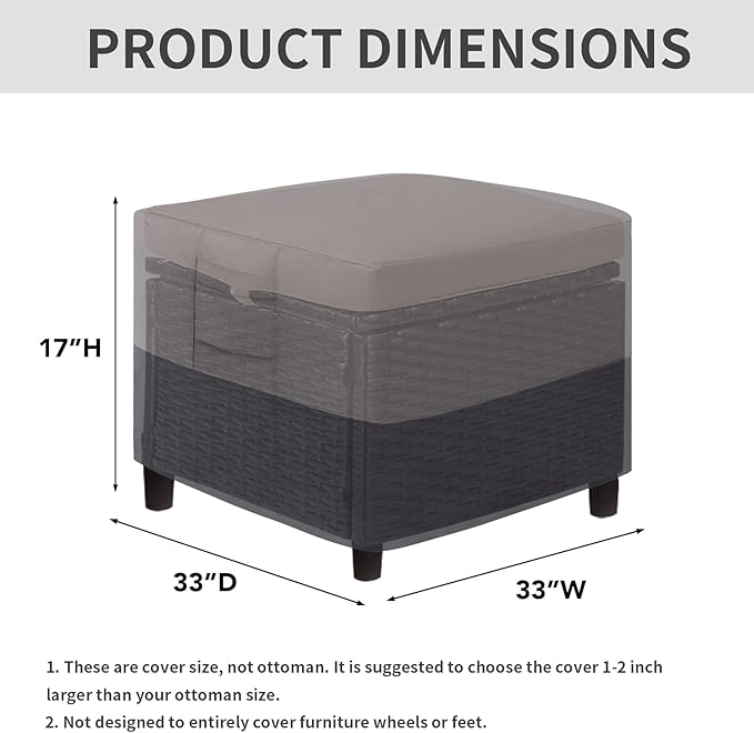 Easy-Going Outdoor Ottoman Cover, Waterproof Patio Ottoman Cover, Heavy Duty Outdoor Furniture Cover with Padded Handles (33"x33"x17", Gray/Dark Gray)