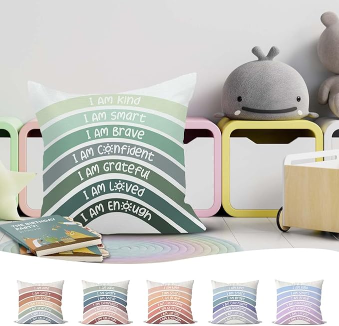 QIYUHOY Boho Sage Eucalyptus Green Rainbow Classroom Throw Pillow Covers, Olive Green Pillow Cover, Book Center Calming Corner Playroom Decor Pillow Case,I Am Kind Smart Brave Confidence,18x18 Inch