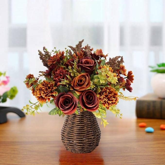 Artificial Fall Flowers, 4 Bundles Autumn Faux Flower Arrangements, Silk Roses Bouquets for Fall Decor, Home Decor, Table Centerpieces, Thanksgiving Decorations (Fall Color, 4 Bundles)