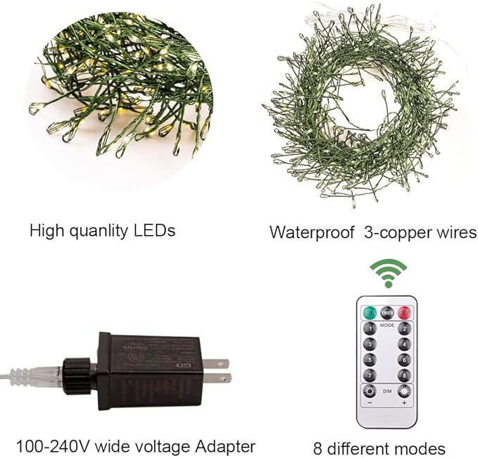 Firecracker Fairy Lights Plug in,10ft 100LEDs Green Wire Cluster String Lights,Waterproof 8 Modes Remote Twinkle Light for Outdoor Indoor Garden Bedroom Christmas Tree Holiday,Warm White