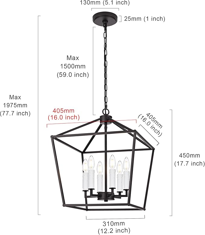MELUCEE Vintage Lantern Pendant Light 6 Light Industrial Cage Chandelier with E12 White Candle-shaped Base Oil Rubbed Bronze Rustic Geometric Hanging Light Fixture for Kitchen Island Foyer Dining Room