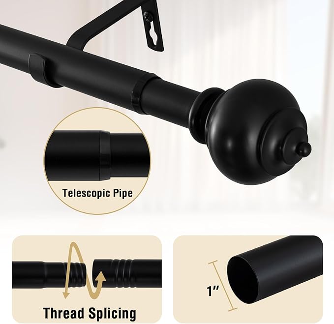 H.VERSAILTEX Curtain Rods for Windows 16.2 to 106.2 Inches 1 inch Diameter Adjustable Decorative Telescoping Curtain Rod with Brackets Heavy Duty Splicing Window Rods with Decorative Finials, Black