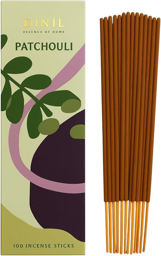 Dinil Patchouli Incense Sticks – 100 Sticks | Hand-Rolled, Charcoal-Free | Clean Burn, Low Smoke | Aromatic Incense for Meditation, Yoga & Home Fragrance