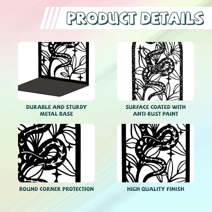 Peacoblue Metal Bookends for Shelves, Modern Decorative Heavy Duty Study Book Support Stoppers for Office, Desk, Shelf, Room 5.3"x4.3"x7.9" Cast Iron Simple Bookends, 1 Pair (Bohemia Snake and Flower)