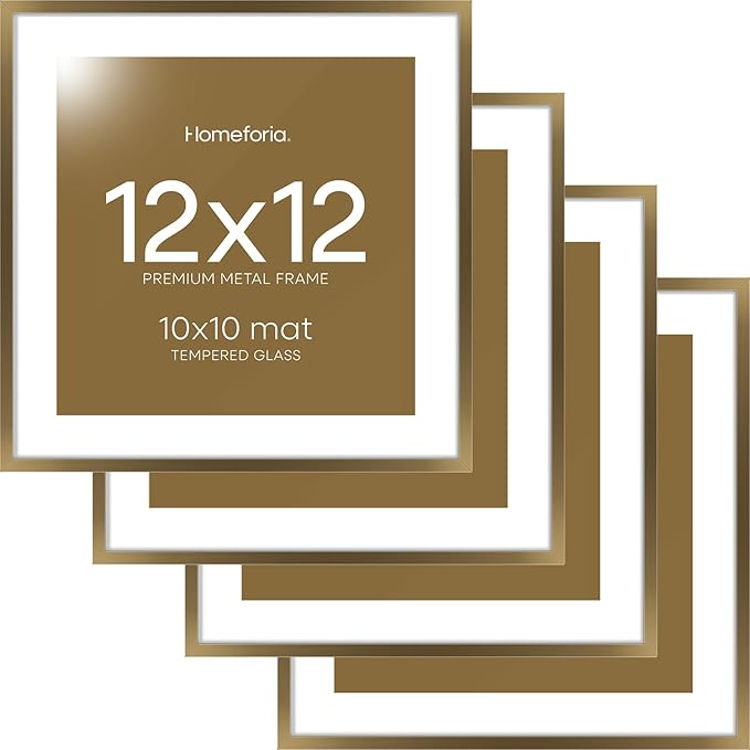 Homeforia 12x12 Picture Frame Bronze, High End Metal 12 x 12 Square Poster Frame with Mat 10 x 10 Photo, 12x12 Brass Frame Matted to 10x10 Print, 12by12 Thin Frames, Tempered Glass, Wall Kit, Set of 4