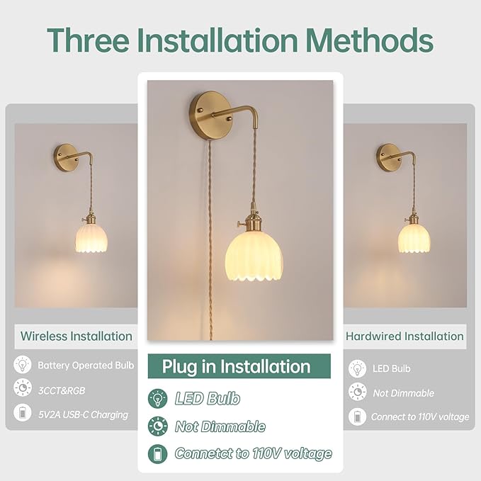 Vintage Wall Sconce with White Tulip Glass Shade Hanging Wall Sconce with 4.9FT Plug in Cord, Modern Wall Lamp Fixtures Decor for Bedside Bedroom Indoor Doorway