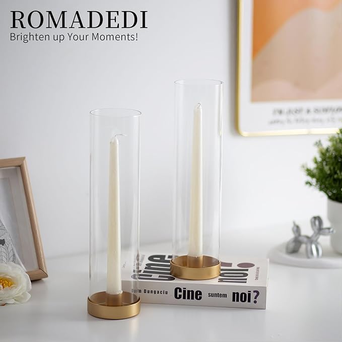Romadedi Glass Hurricane Candle Holders Gold - 12 Inch Taper Candlestick Holder Bulk Clear Glass Cylinder Table Centerpiece Wedding Decor Party Birthday Christmas Home Decorations, Set of 10