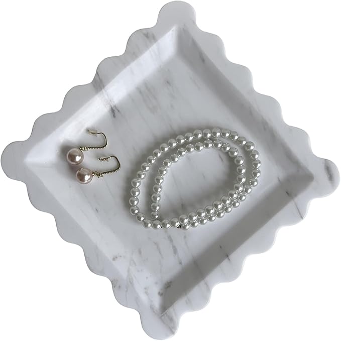 Vintage Natural Marble Tray Small Ornaments Scalloped Tray Handmade Storage Dish for Counter, Vanity, Dresser, Nightstand and Desk (Volakas White)
