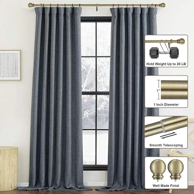 Curtain Rods 2 Pack, Antique Bronze Curtain Rods for Window 72-144 Inch, Decorative Curtain Rod with Ball Finials, 1 Inch Diameter Heavy Duty Curtain Rod, Adjustable Single Drapery Rod Antique Bronze