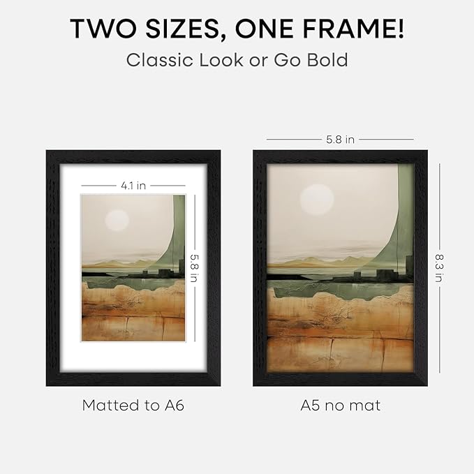 Homeforia A5 Picture Frame Black Wood, High-End Oak 5.8x8.3 Frame Matted to 4.1x5.8 inch Photo, A5 Size Walnut Wooden Frames with Mat A6 for Print, 5.8 by 8.3 Frame, Tempered Glass, Wall Kit, Set of 3