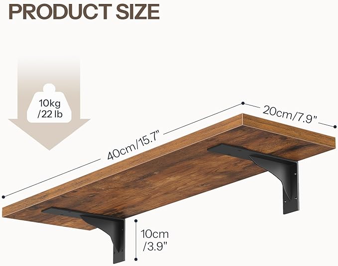 HOOBRO Floating Shelves for Wall, 15.4" Wall Mounted Shelves Set of 2, Hanging Storage Shelf with Metal Brackets, Wooden Shelf for Living Room, Bedroom, Bathroom, Rustic Brown and Black BF42BJP201G1