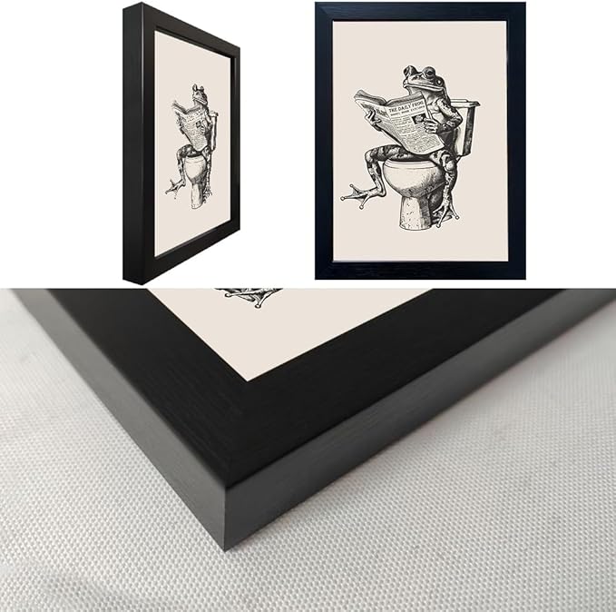 Bathroom Decor Wall Art, Funny Animal Bathroom Wall Art, Frog on Toilet Reading Newspaper Canvas Painting, Frog Art Print Pictures for Wall Decoration