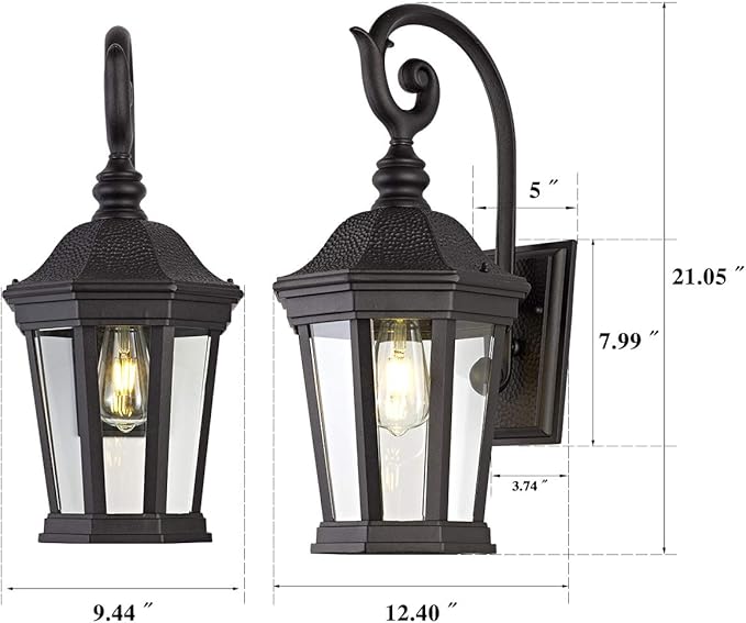 Exterior Light Fixtures, Outdoor Wall Light/Lantern, Large Outdoor Porch Light Fixtures Wall Mount in Matte Black Finish with Clear Glass, Aluminum Alloy, 60W