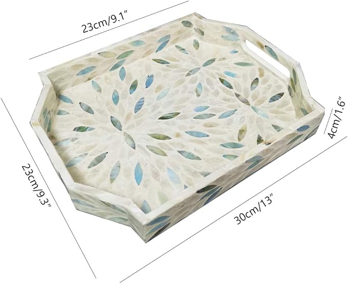 13 Inch Large Dodecagon Beige Green Mother of Pearl Severing Tray with Handle, Gorgeous Inlay Nacre Ottoman Tray with 2”Side, Lacquer Wooden Shell Decorative Tray for Coffee Table Home Decor, S, I-lan