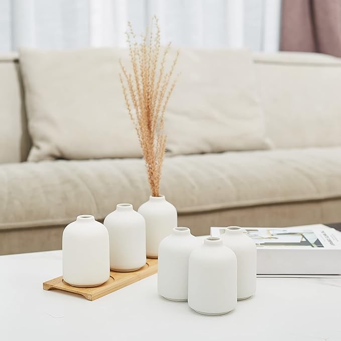Small White Ceramic Vases Set 6 for Decor, Boho Bud Vases for Dry Flower, 4.1''H x 3''W White Ceramic Vases for Centerpieces, House Plants, Wedding, Home, Modern, Minimalist