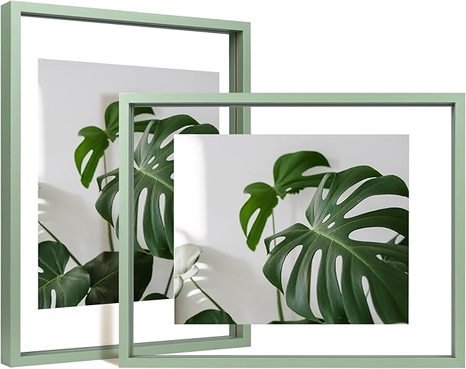 Egofine 11x14 Floating Frames Set of 2, Double Plexiglass Picture Frame, Made of Solid Wood Display Any Size Photo up to 11x14, Wall Mount or Tabletop Standing, Green